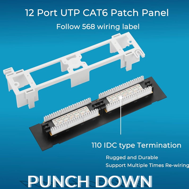Rapink Patch Panel 12 Port Cat6 10G Support, Network Patch Panel UTP 10-Inch, Wallmount 1U Ethernet Patch Panel Punch Down Block for Cat6, Cat5e, Cat5 Cabling - Image 5
